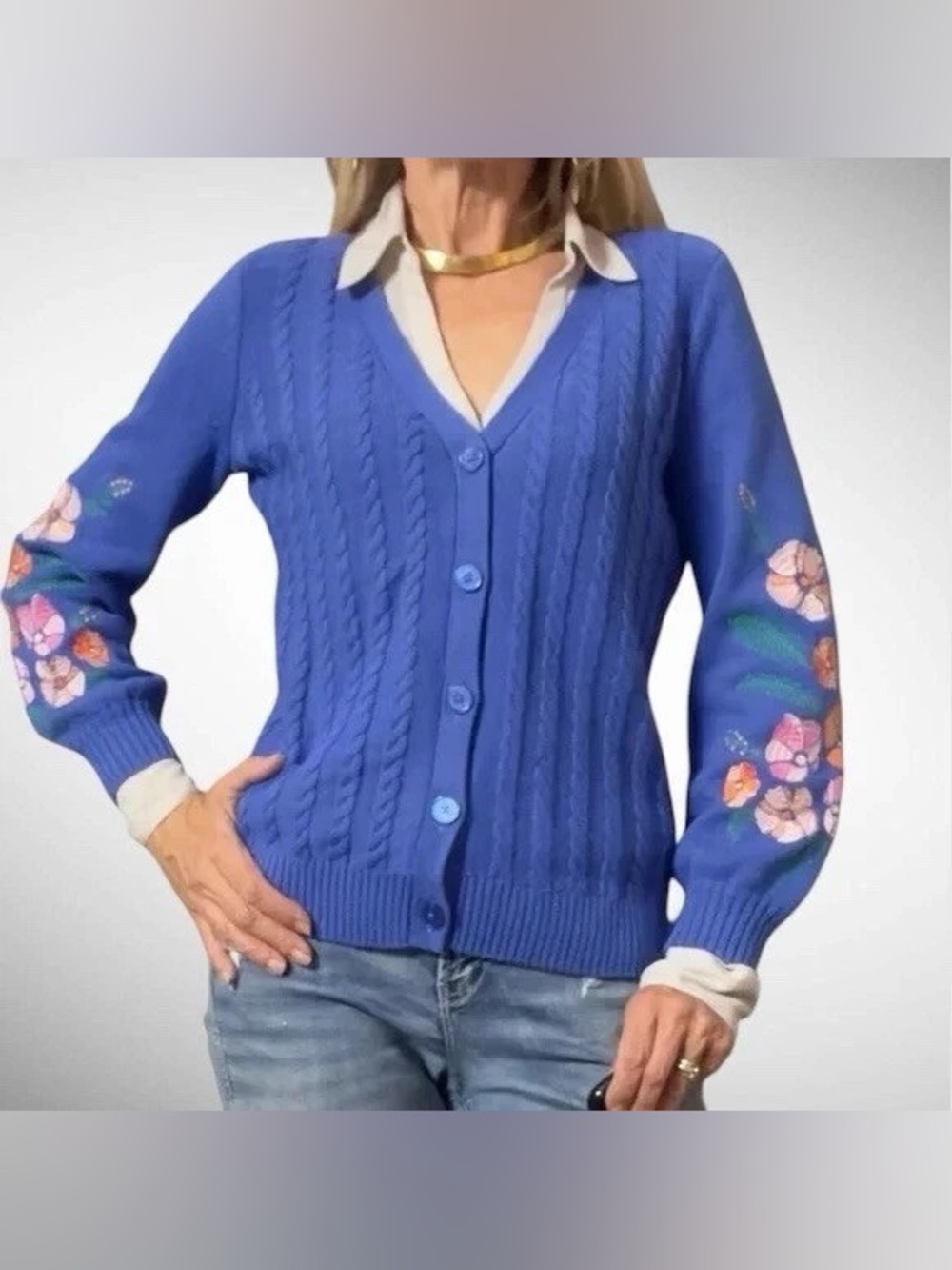Talbots Royal Blue V‑Neck Floral-Embroidered Cardigan